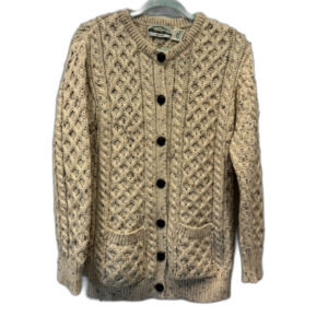 Aran Crafts Cardigan Irish Wool Cable Knit Oatmeal Speckled Button Front Women L